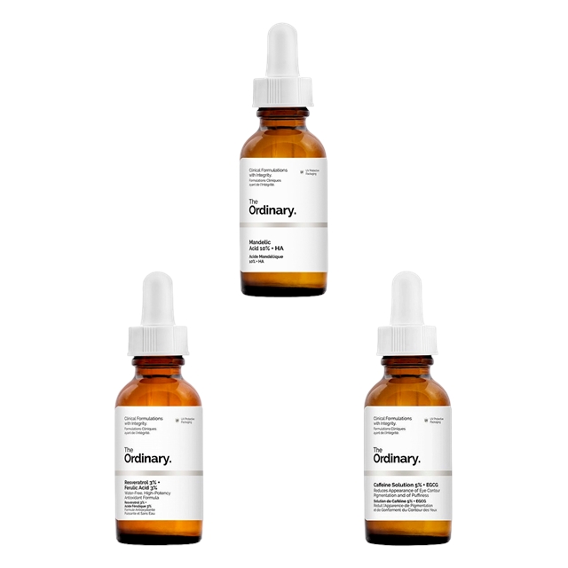 ジ・オーディナリー THE ORDINARY ジ オーディナリー レスベラトロール3% +フェルラ酸3% 30ml とマンデル酸10%+ヒアルロン酸  30ml とカフェインソリューション5％+EGCG 30ml のセットが激安！【化粧品通販】ベルコスメ